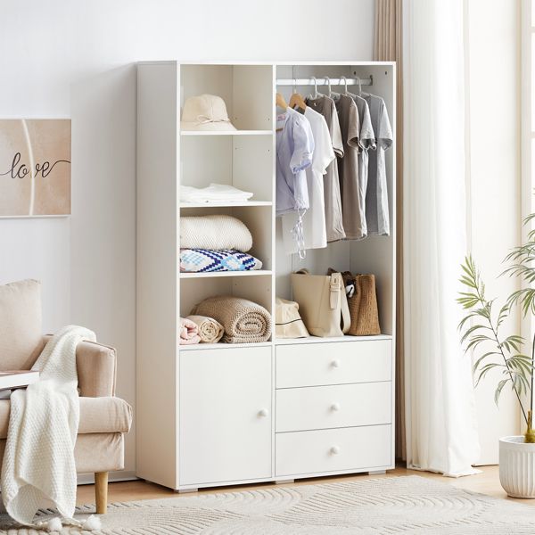Bedroom Armoire, Wardrobe Armoire Closet, Drawers and Shelves, Handles, Hanging Rod, for Bedroom , White