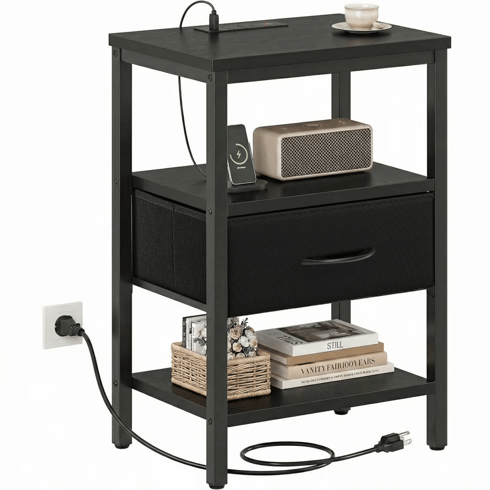 Bedside Table Charging Station Nightstand with USB/C Ports, Adjustable Drawers, 3-Tier Storage Shelf (Shipment from Walmart)