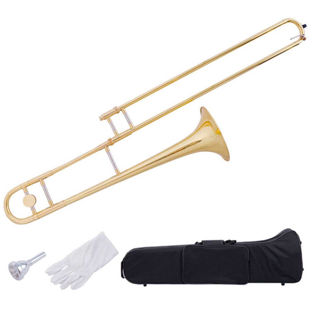 Beginner Jazz B-Flat Tenor Trombone Gold Lacquer W/ Backpack Case Cleaning Kit Gloves