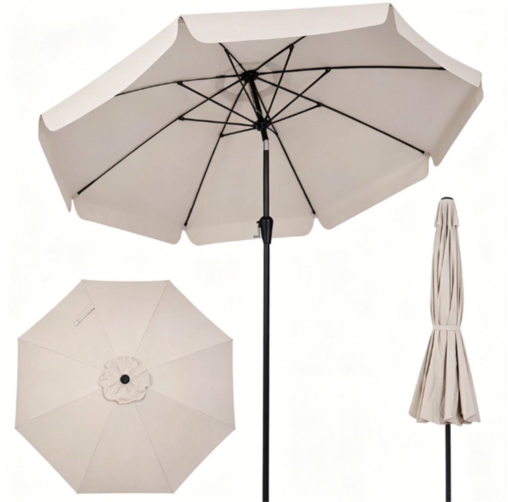Beige 10ft Scalloped Patio Umbrella with PushButton Tilt, Vented Outdoor Market Parasol with Crank Lift, Fiberglass Ribs Sun Shade for Backyard Deck Poolside