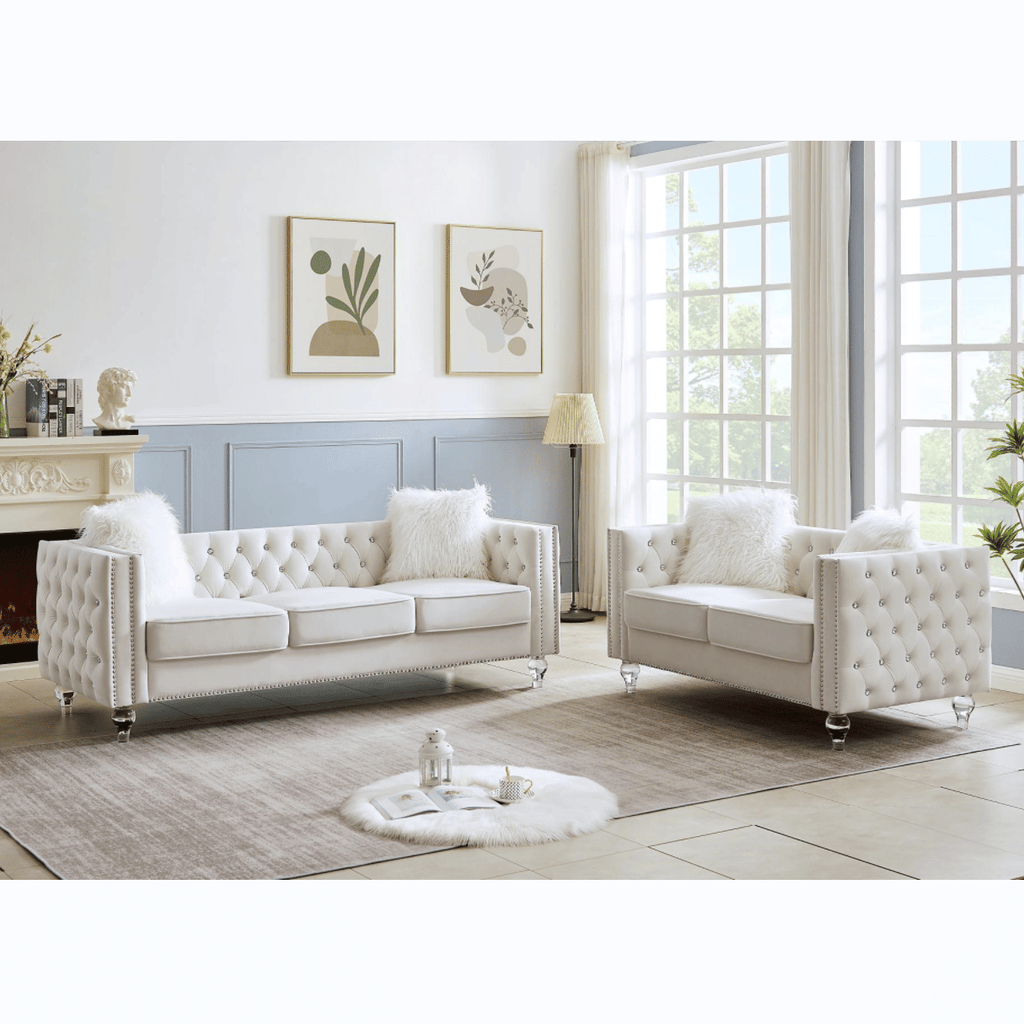 Beige, 2+3 Seat Sofa Set, Velvet Crystal Buckle Upholstery Sofa, Crystal Feet, Removable Cushion, Four Plush Pillow(Free storage stool)