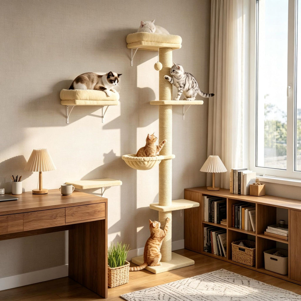 Beige 3-in-1 Cat Wall Shelves for Climbing & Sleeping