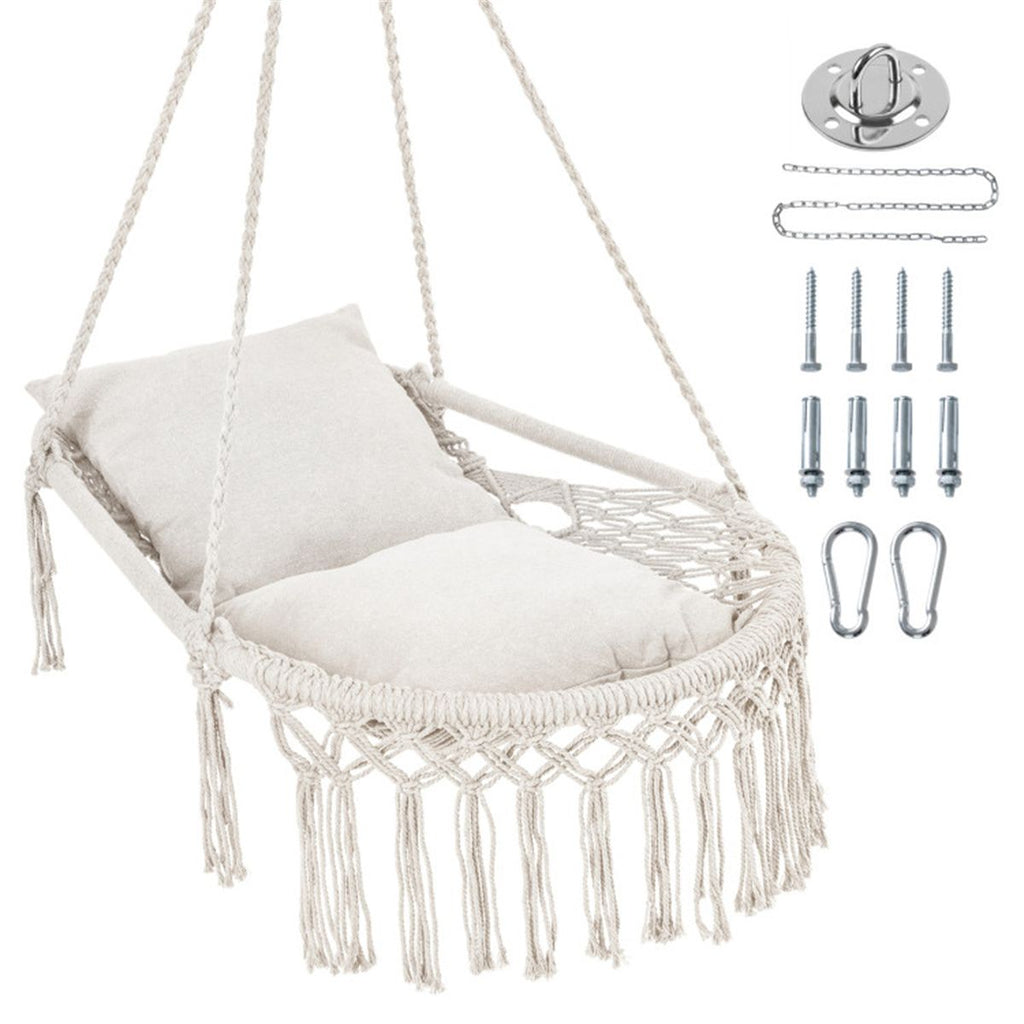 Beige Boho Macrame Hanging Swing Chair with 2 Padded Cushions, 330LBS Capacity Hammock Chair for Indoor Outdoor Bedroom Patio Balcony