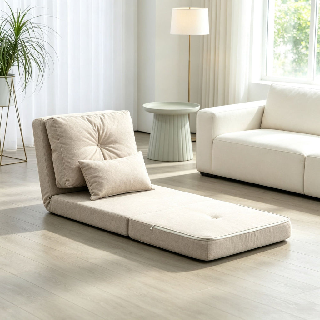 Beige Convertible Floor Sofa Bed No Assembly Required Folding Upholstered Couch, Adjustable Backrest Floor Chair