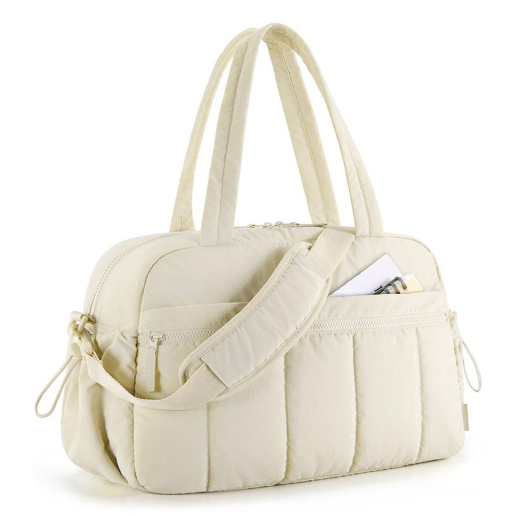 Beige large capacity stitched fluffy shoulder bag, waterproof portable luggage tote bag, multi zipper pocket design, sports and fitness travel handbag