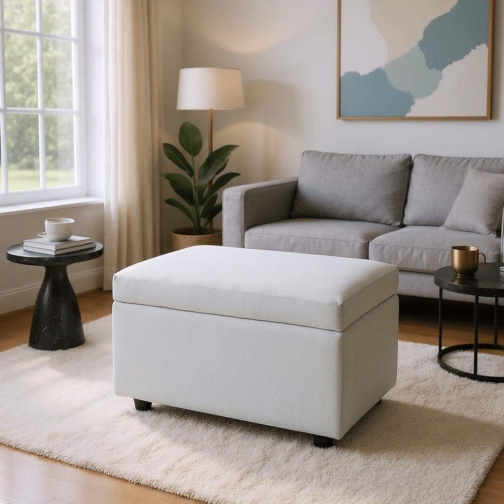 Beige Linen-Textured Storage Ottoman with Rubber Feet – 63×43×43cm Bench for Entryway, Bedroom or Living Room