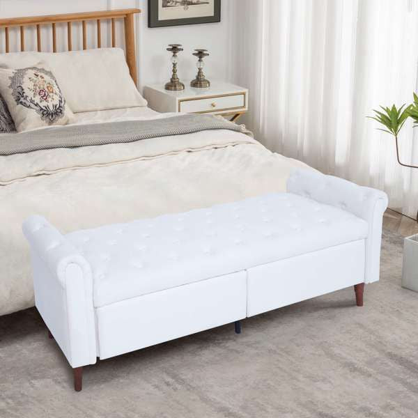 Beige, Multifunctional Storage Sofa Stool with Velvet Armrests
