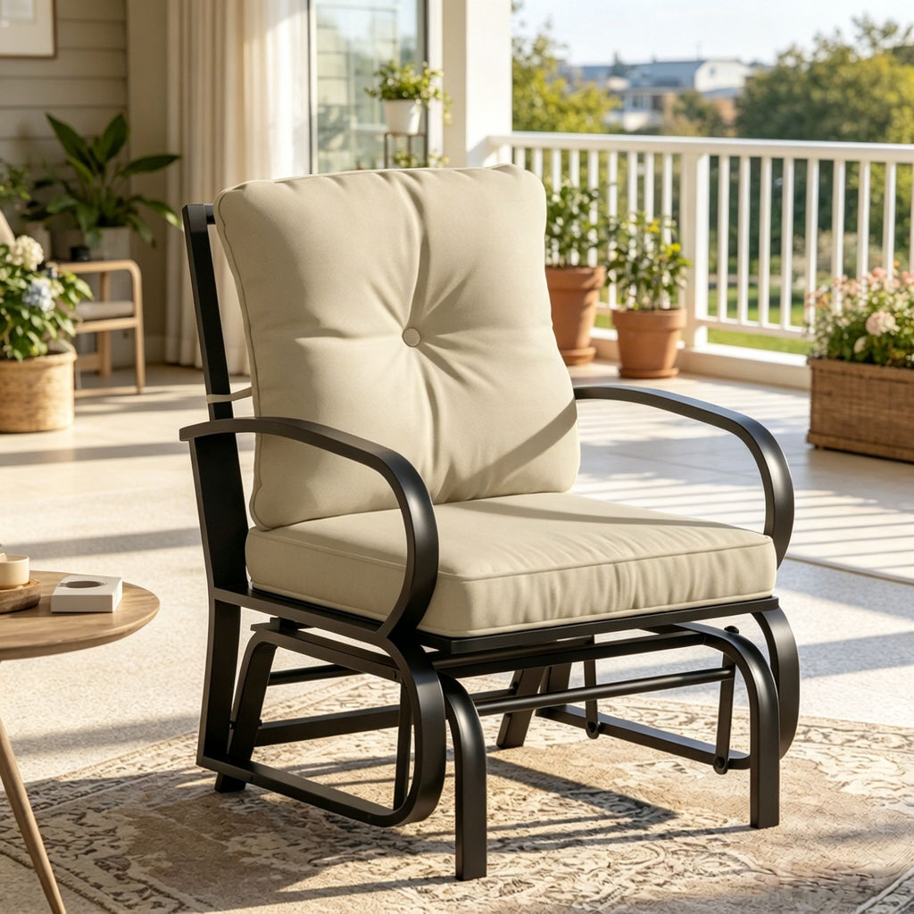 Beige Outdoor Glider Chair with Cushions Steel Frame Patio Furniture Curved Armrests for Garden Yard