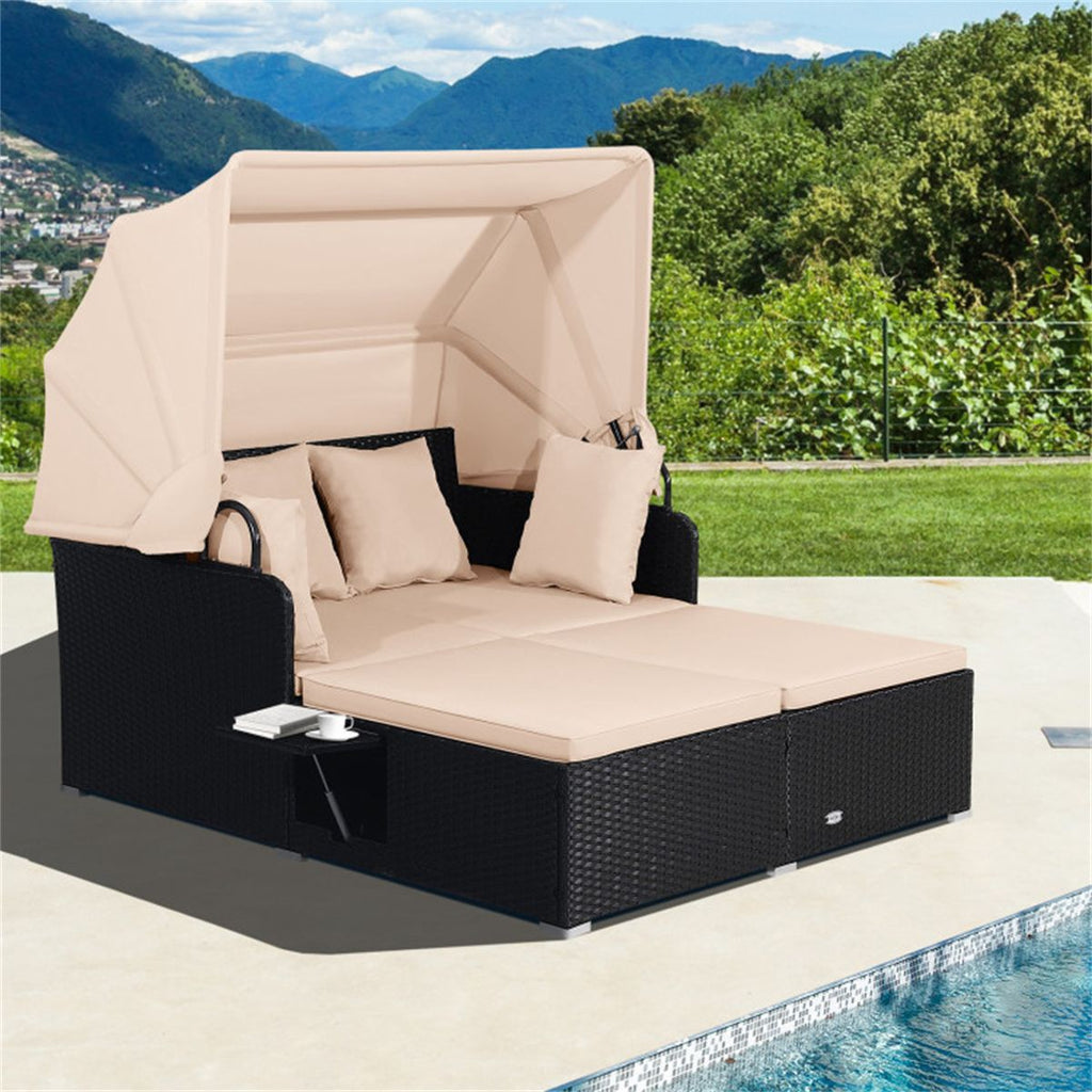 Beige Rattan Daybed Lounge W/ Retractable Top Canopy Side Tables Cushions