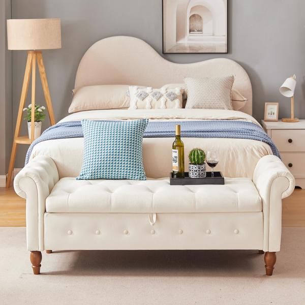 Beige, Solid Wood Legs, Velvet Bedroom End of Bed Storage Bench Rolled Side Sofa Bench Toy Storage Bench