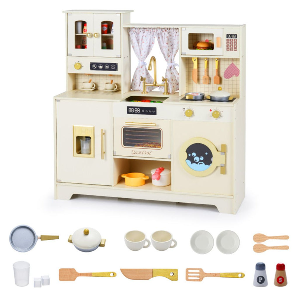 Beige Wooden Kids Play Kitchen with Rotatable Faucet & 14 Accessories,Pretend Cooking Set for Toddlers 3+