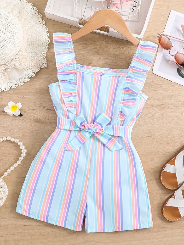 Girls Sleeveless Ruffle Trim Romper Striped Jumpsuit With Belt Kids Summer Clothes