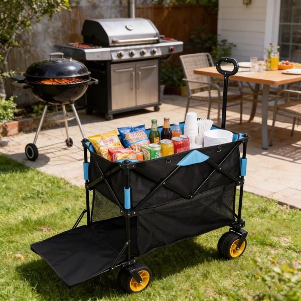 Big large capacity Folding cart Extra Long Extender Wagon Cart Folding Wagon Garden Shopping Beach Cart (black + blue)