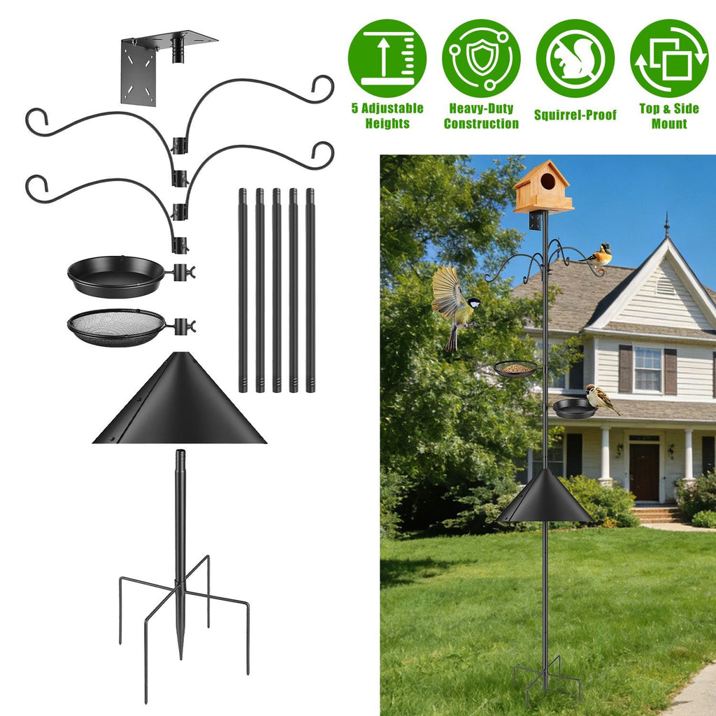 Bird Feeder Pole with Squirrel Baffle, 5-Prong Base Heavy Duty Bird Feeder Stand, 32"-94" Adjustable Height Bird Feeding Station with 4 Shepherd Hooks for Outdoor Garden Yard