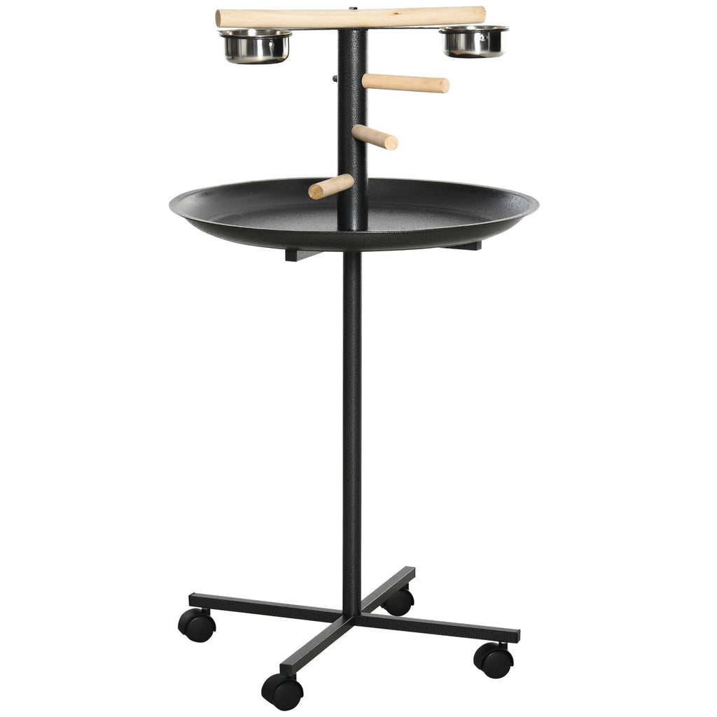 Bird Feeder Stand Portable Parrot Perch Play Stand with Wheels Stainless Steel Bowls Round Tray Grey