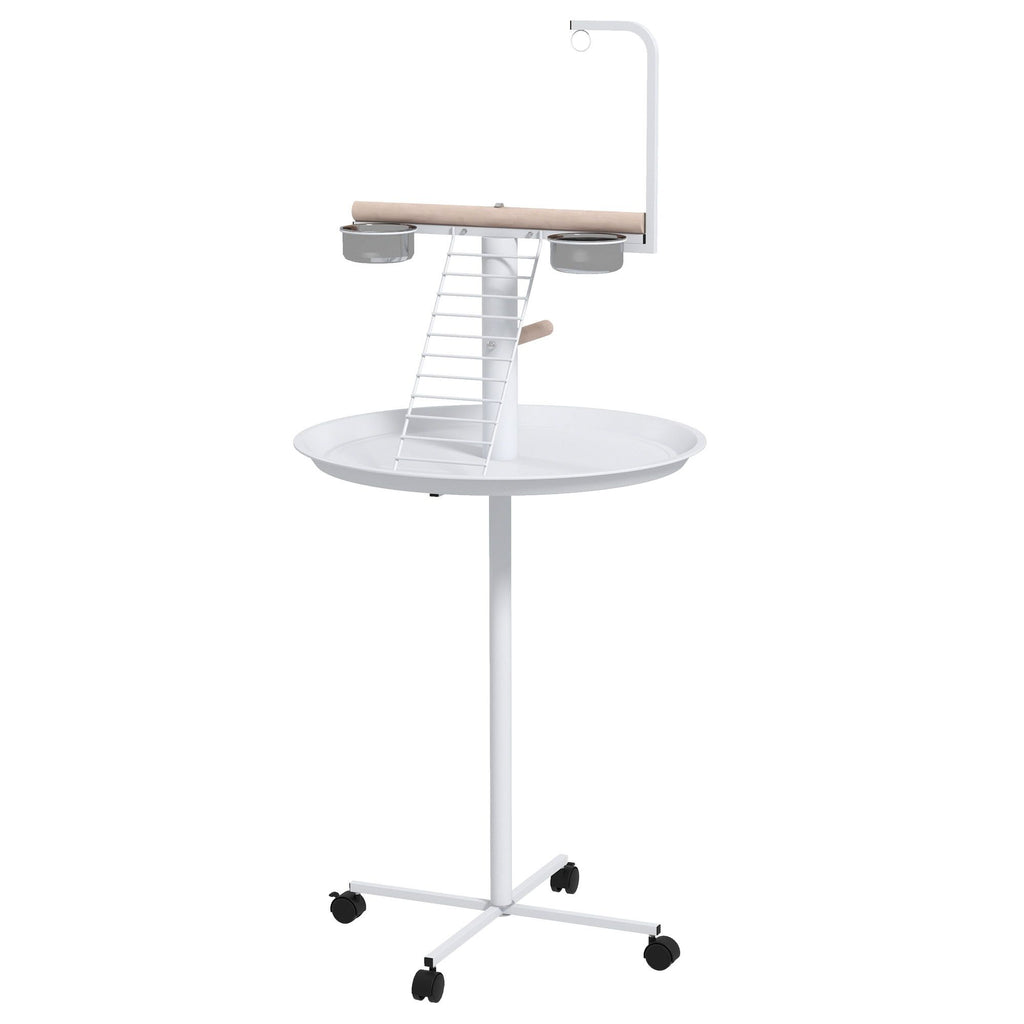 Bird Feeder Stand with Wheels, Perches, Feed Bowls, Round Tray, Bird Perch Stand for Parrots