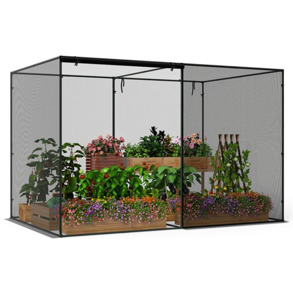 Black 10×6.5×6.5 ft Garden Crop Cage with Wind-Proof Metal Frame, Zippered Doors Plant Protection Tent for Vegetables & Flowers