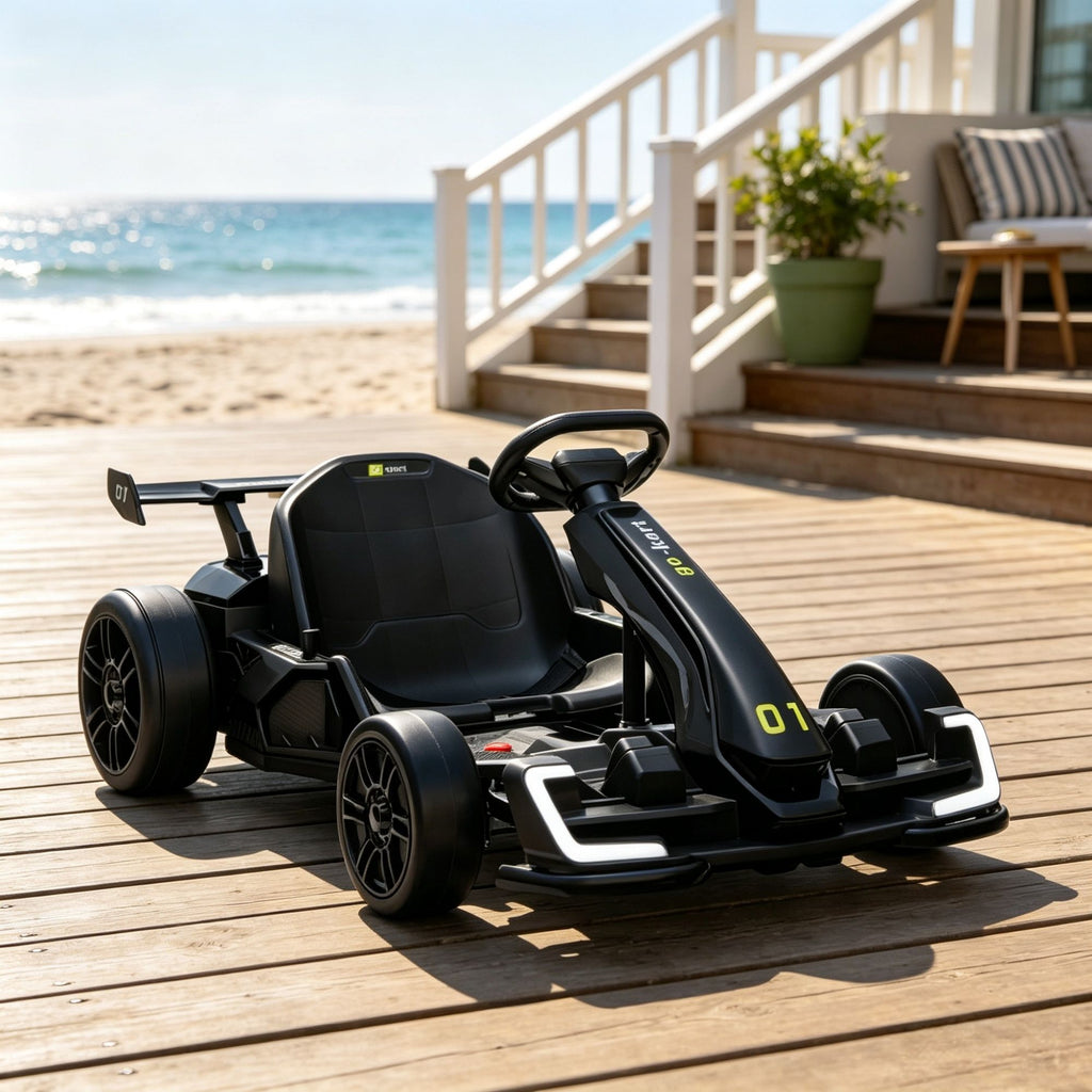 Black 24V Kids Go Kart 7.5 MPH with Slow Start, Adjustable Seat for Lawn Play