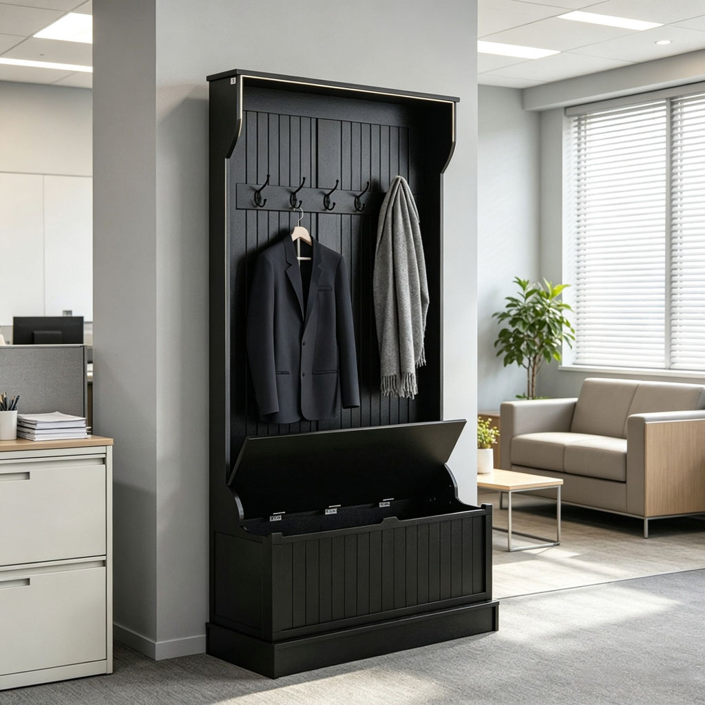 Black 3-In-1 Entryway Bench Coat Rack Hall Tree with Shoe Storage 5 Hooks for Hallway - Bench And Storage Furniture