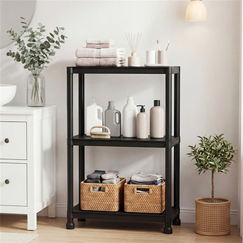 Black 3-Tier Garage Storage Shelf, PP Material 100LBS Per Shelf Tool-Free Assembly