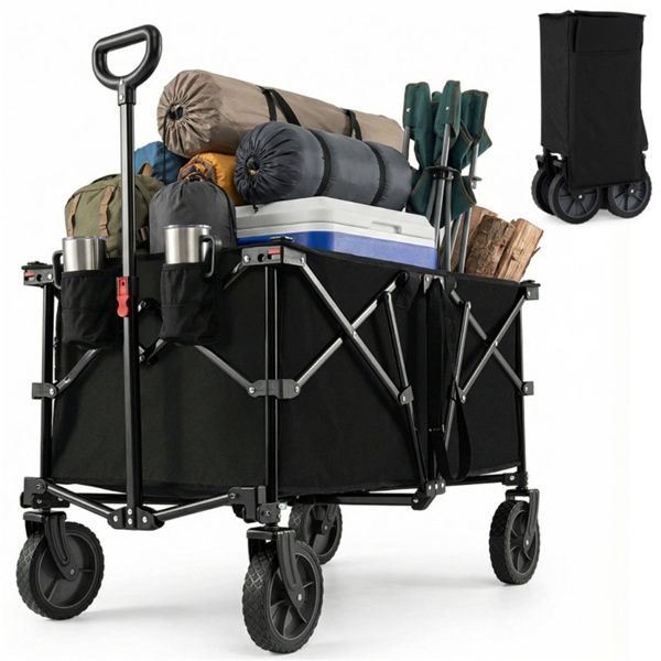 Black 400 lbs Heavy-Duty Collapsible Wagon Cart with All-Terrain Wheels, 180L Capacity Folding Utility Cart for Camping Shopping