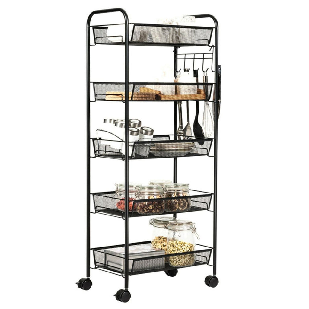 Black 5-Tier Mesh Rolling Cart with 5 Baskets & 5 Hooks, Lockable Universal Wheels