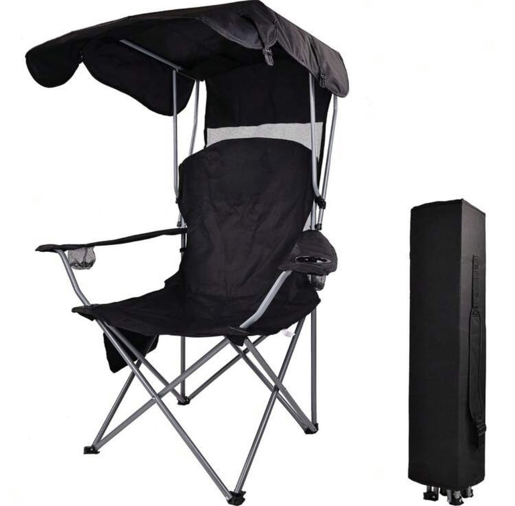 Black Camp Chairs With Shade CanopyFolding Camping Recliner With Carrying Bag