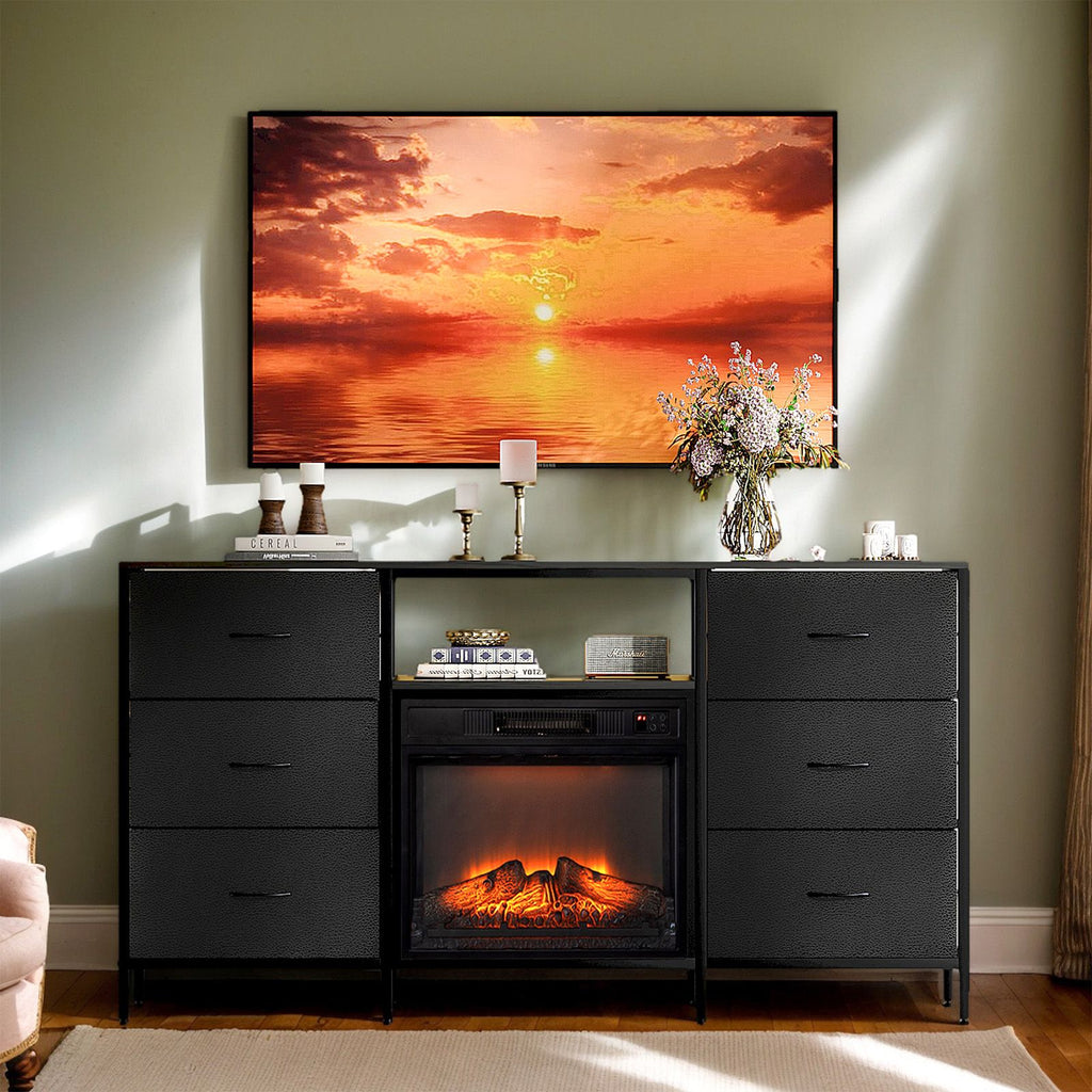 Black Embossed Fireplace TV Stand with 18 Inch Insert & 6 Fabric Drawers, RGB Lights, Industrial Iron-Wood Design Media Console, 58 x 11.8 x 31.3 Inch
