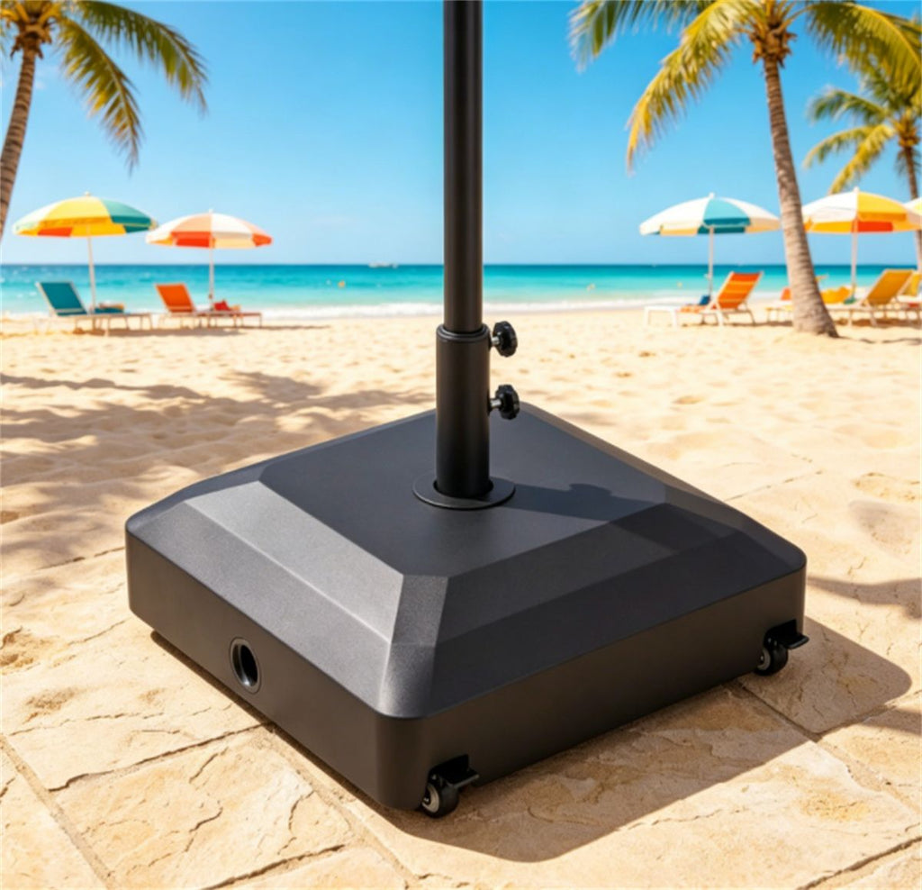 Black Fillable Umbrella Base with Wheels & Brakes, HeavyDuty Water/Sand Filled Patio Umbrella Stand with 3 Adapters for 1.31.9" Poles