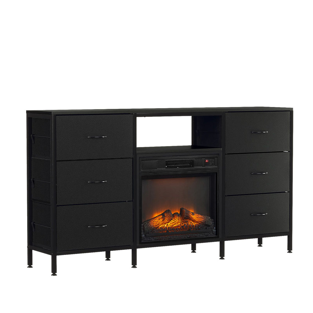 Black Fireplace TV Stand, 147.32*30*79.4cm, Embossed MDF with Melamine Finish, 6 Fabric Drawers + 1 Shelf, Iron-Wood Composite Structure, with RGB Lights, Fits 18 inch Fireplace Insert