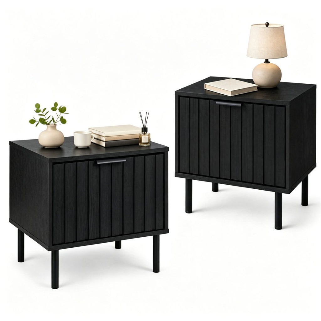 Black Fluted Drawer Nightstand Set of 2, Engineered Wood Metal Side End Table with Adjustable Foot Pads, Modern Storage Bedside Table for Small Bedroom Living Room
