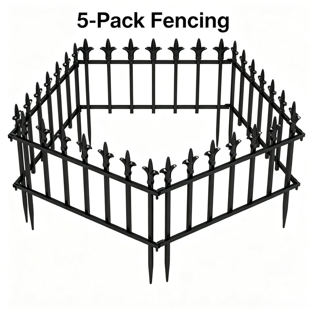 Black Foldable Garden Border Fence, 5 Pack No Dig Animal Barrier, Decorative Metal Fencing for Lawn Pathway Outdoor Landscaping