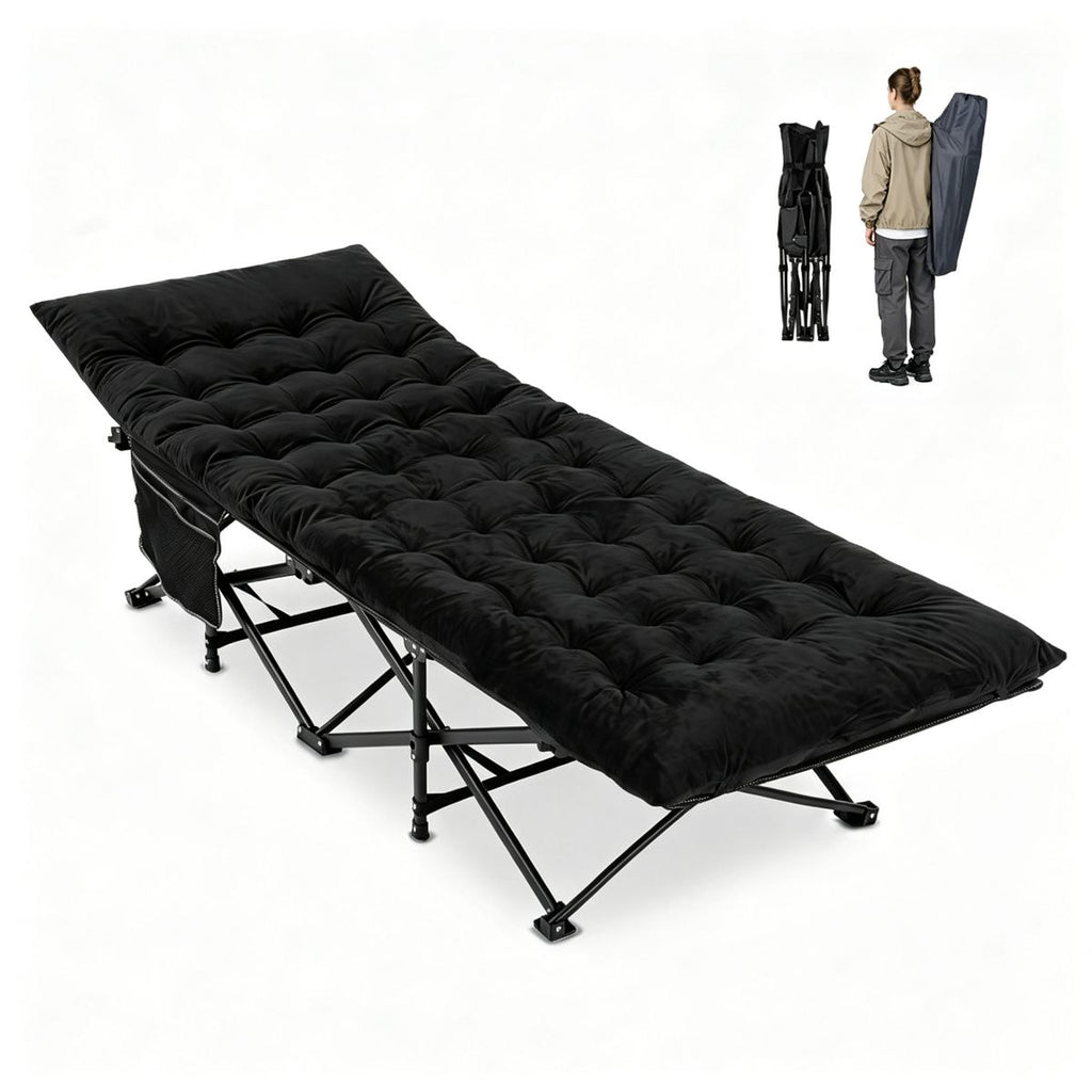 Black Foldable Heavy Duty Camping Cot 330LBS, Portable Outdoor Sleeping Bed with Cushion & Carry Bag for Camping Office Nap