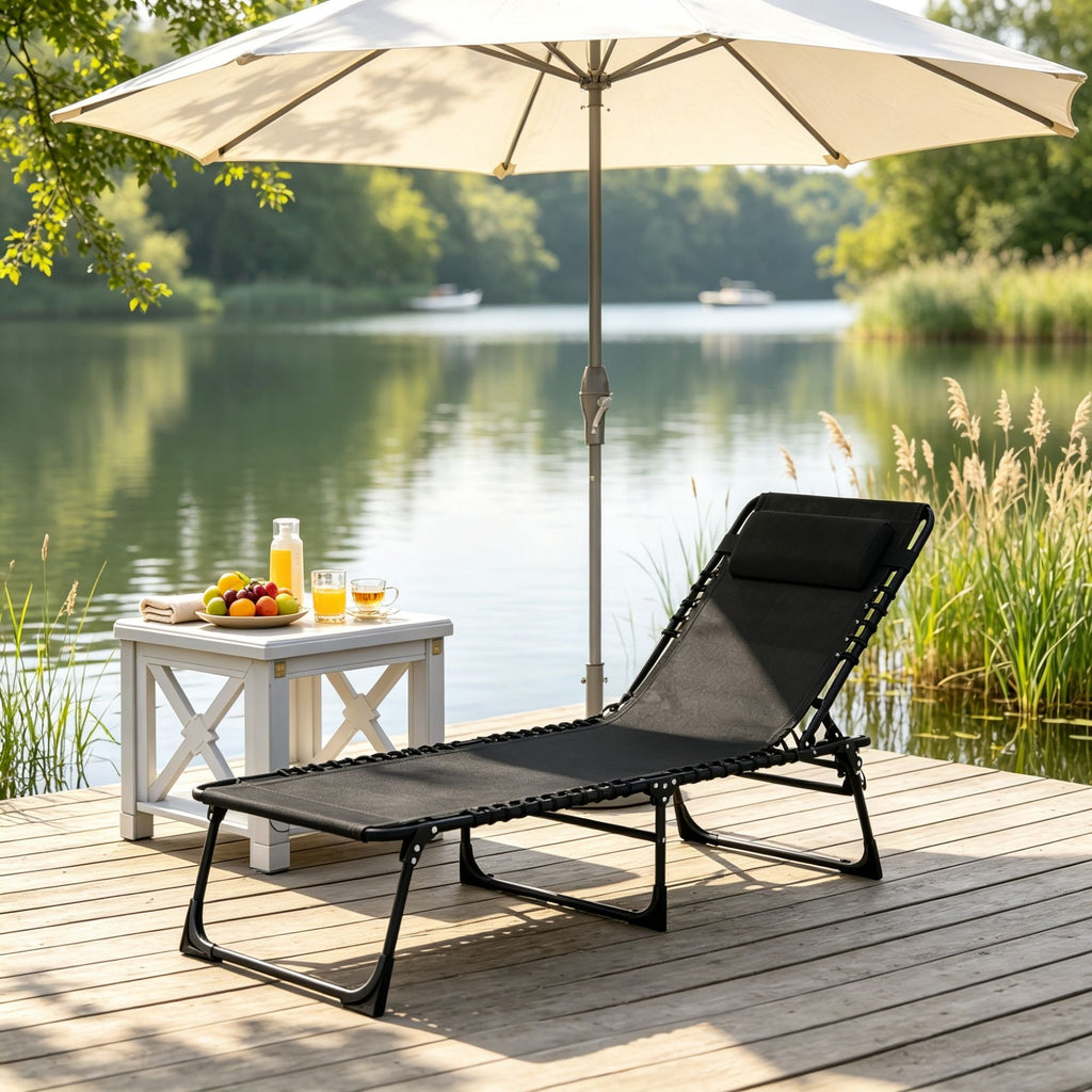 Black Folding Chaise Lounge Pool Chair for Poolside Sunbathing, 4-Position Reclining Back, Pillow, Breathable Mesh & Bungee Seat