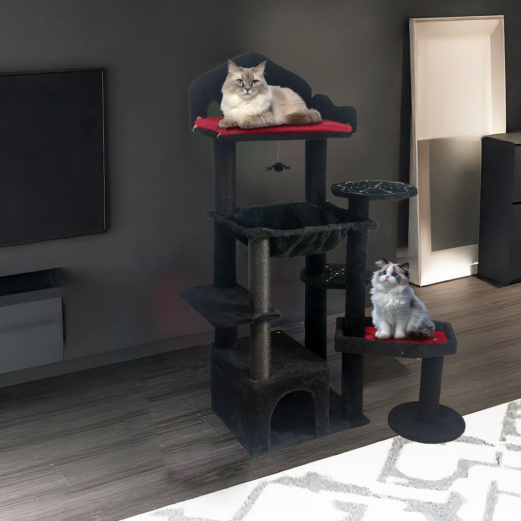 Black Gothic Cat Tree, Multi-Level Spooky Cat Tree with Scratching Posts, Perches, Hammock, and Cat Cave - Black Cat Tower for Indoor Cats with Interactive Toy, Perfect for Multiple Cats 58in