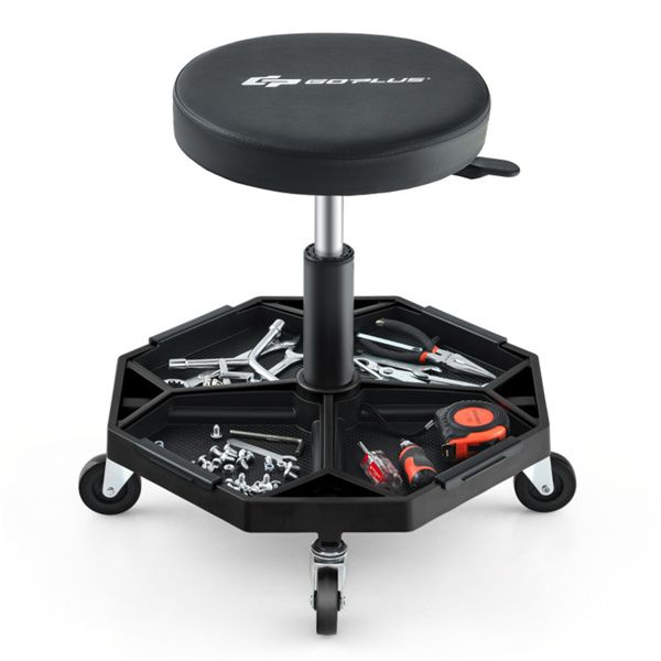 Black Heavy-Duty Adjustable Height Rolling Stool With Tool Tray Storage 330 LBS Capacity
