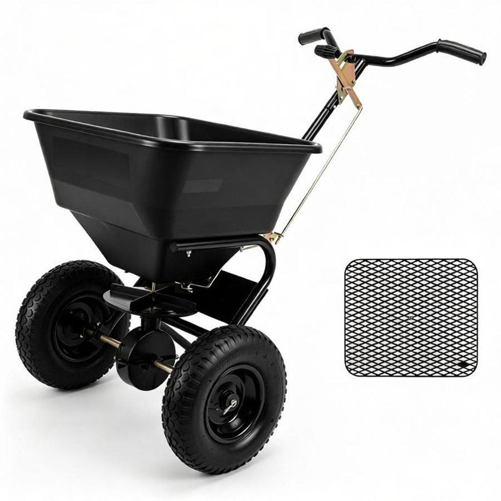Black Heavy-Duty Walk-Behind Broadcast Lawn Spreader, 66 Lbs Capacity Adjustable Flow Control, Pneumatic Rubber Wheel Push Spreaders for Grass Seed Fertilizer Snow Salt