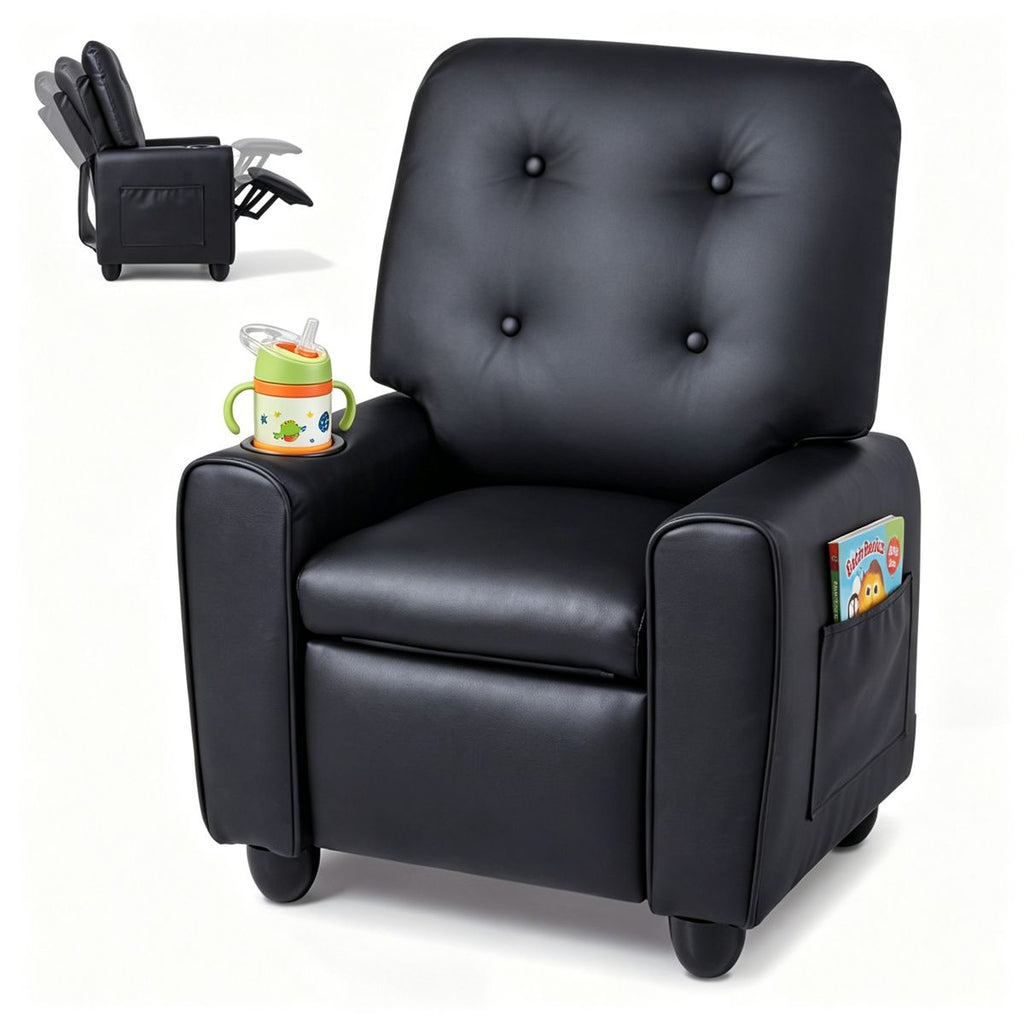 Black Kids Recliner Sofa with Retractable Footrest, Waterproof PU Leather Toddler Chair with Cup Holder & Side Pockets, Solid Wood Frame Ergonomic Lounge Chair for Children