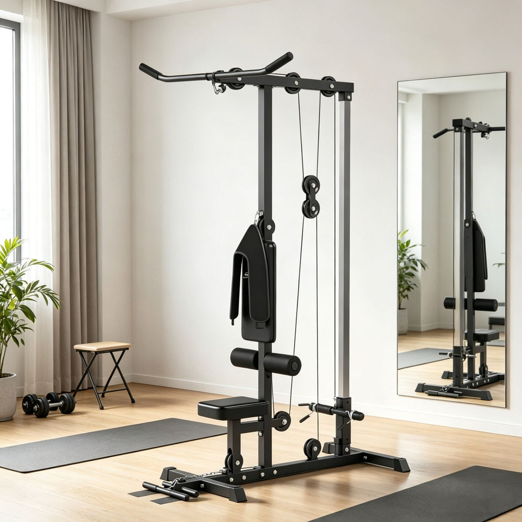 Black Lat Pull down Machine with Adjustable Seat And Flip-Up Footplate High/Low Pulley Home Gym Equipment