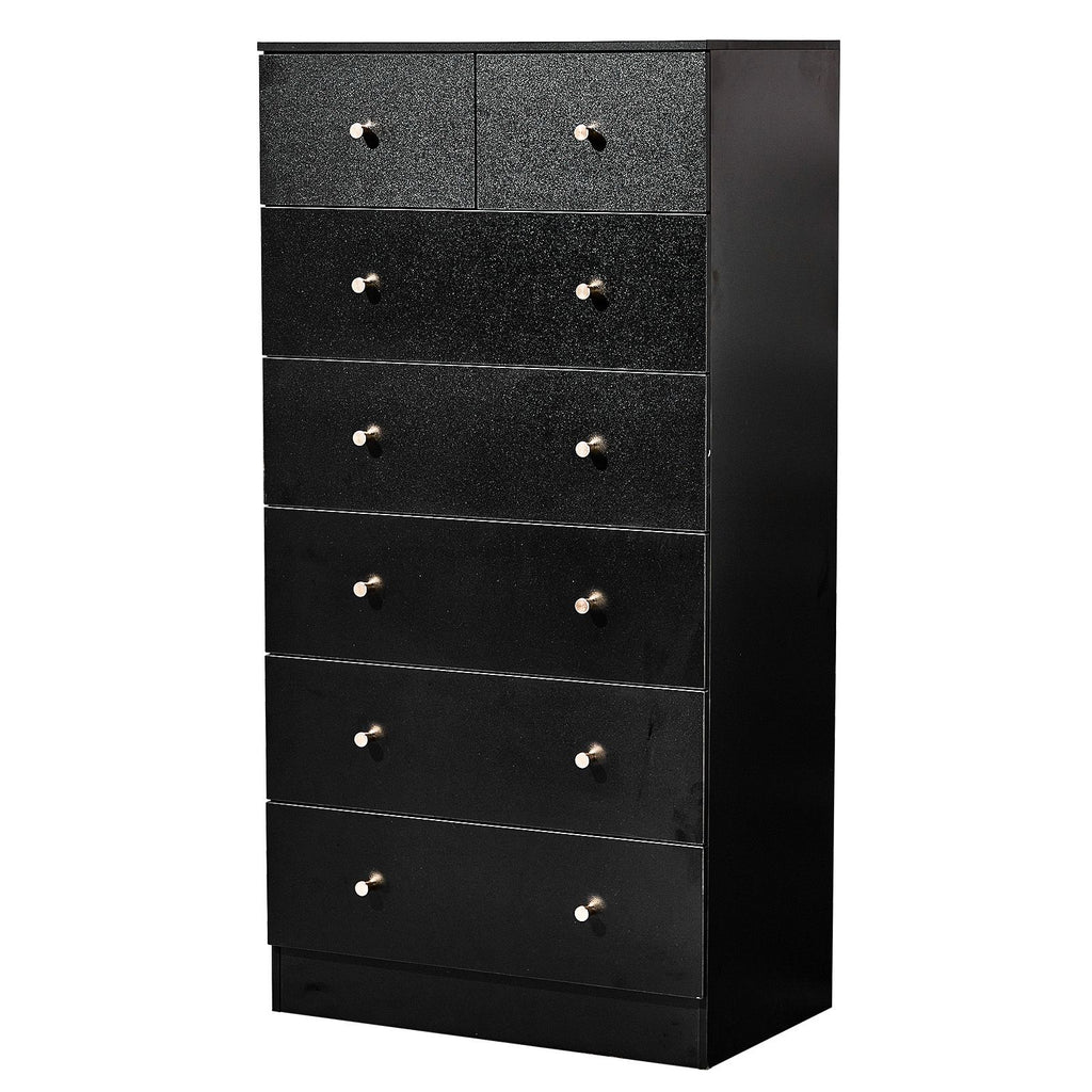 Black matte finish particleboard with melamine veneer, 66*40*131cm, 5+2 drawer cabinet, matte gold handles