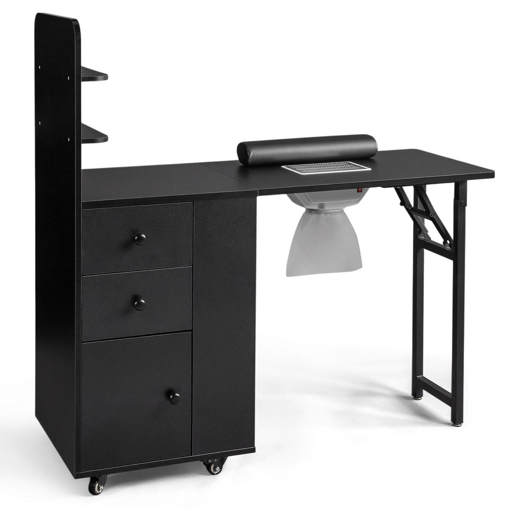 Black MDF Folding Nail Desk with 2 Drawers, Cabinet Door & Storage Shelf