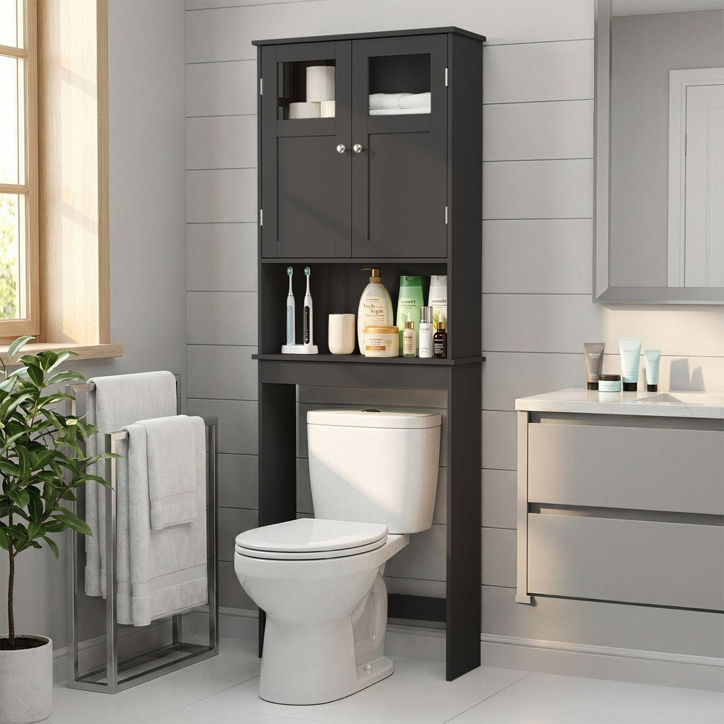 Black MDF (Medium-Density Fiberboard) with Paint Finish, 60*22*170cm, Double Door Toilet Cabinet
