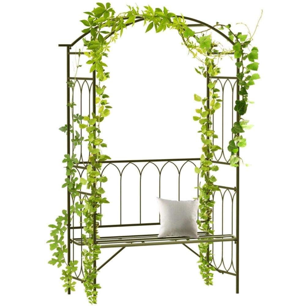 Black Metal Garden Arch with Bench for Vine Covered Walkway, Trellis for Grapes & Decorative Seating