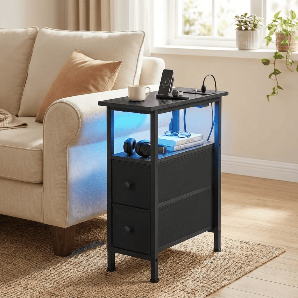 Black Narrow SideTablewith Charging Station, USB Ports, LED Lights,Storage