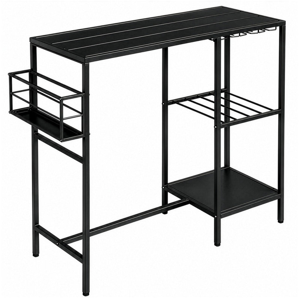 Black Outdoor Bar Table with Double-Tier Side Shelf, Storage Basket & Wine Glass Rack, Iron Patio Bar Table, 110 x 40 x 94 cm