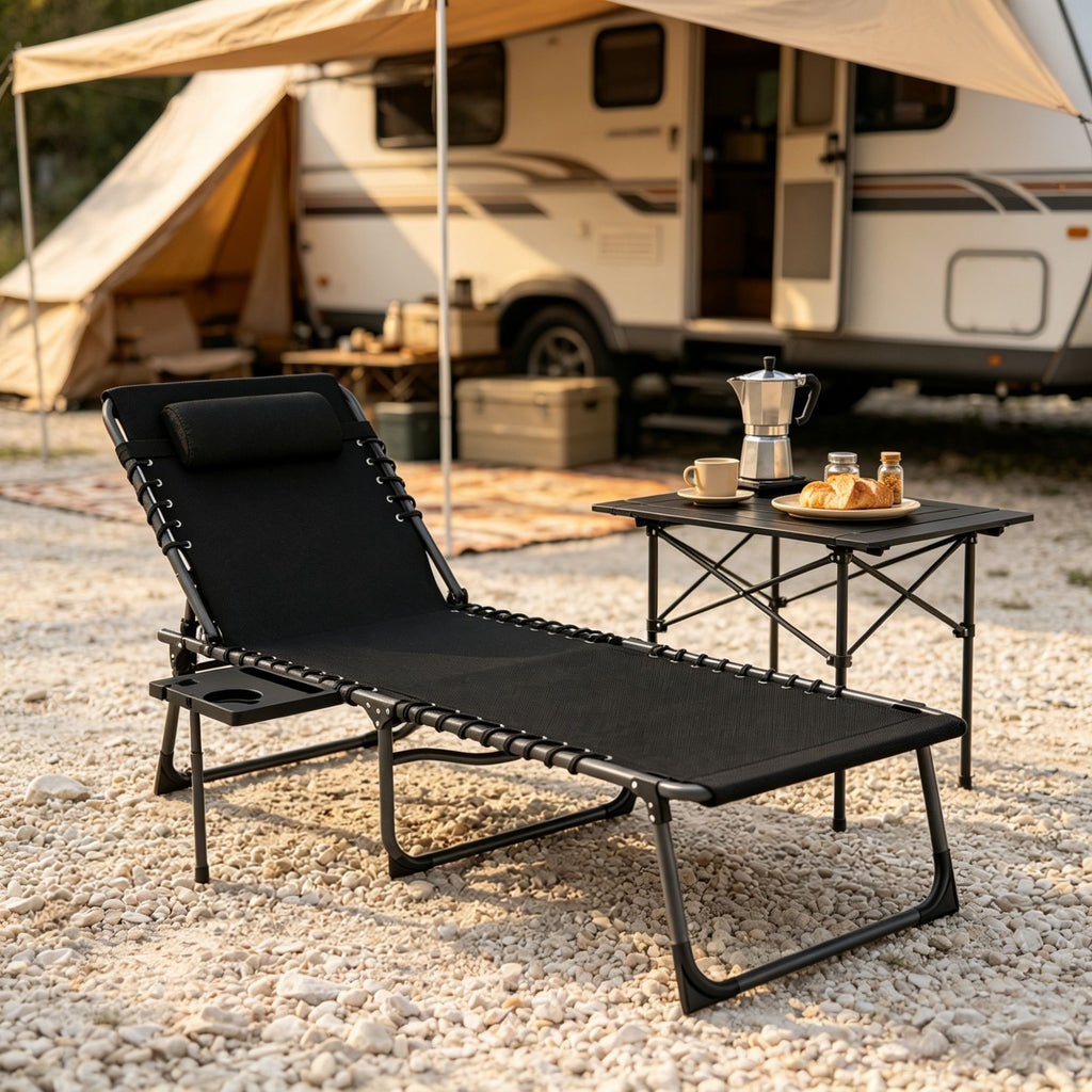 Black Outdoor Folding Chaise Lounge Chair 5-Level Adjustable Tanning Chair, with Side Table, Pillow, Pocket
