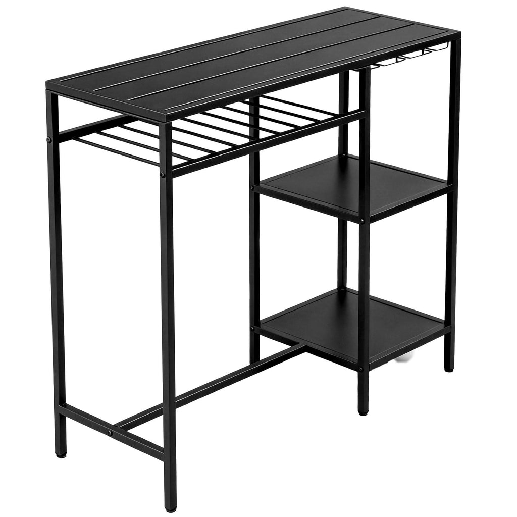 Black Outdoor Patio Bar Table with Multi-Tier Storage Shelves & Wine Glass Rack, Iron Bar Table, 110 x 40 x 94 cm