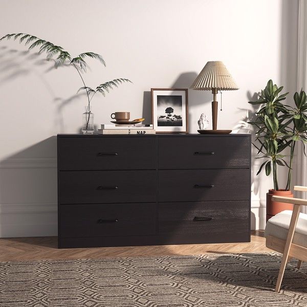 Black particleboard + non-woven fabric with triamcinol coating 134*40*67cm double row 3 layers 6 drawers cabinet with veneer