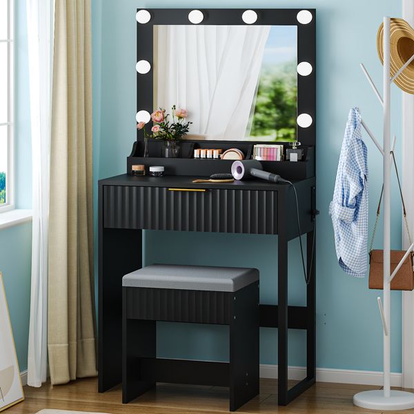 Black particleboard with a 3-compartment, 1-drawer dressing table set with 8 three-tone light bulbs, power strip, and grille series