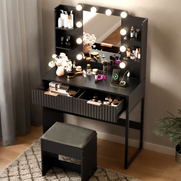 Black particleboard with a melamine finish, 2 drawers, 4 shelves, a dressing table set with 10 three-tone light bulbs, a power strip, and a grille.